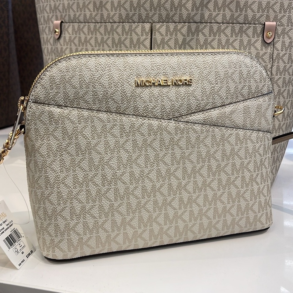 Michael Kors Jet Set Travel Medium Metallic Signature Logo Dome Crossbody Satchl
